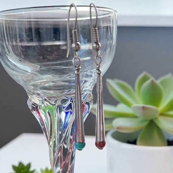 Signed Carolyn Pollack Silver Cone Shaped Drop Earrings w Turquoise and Coral - Picture 2 of 7